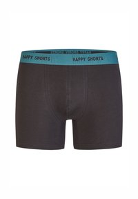 Ciemnoszare bokserki wykonane z bawełny, z turkusowym elastycznym pasem, na którym widnieje tekst "HAPPY SHORTS" w kontrastowej czcionce.