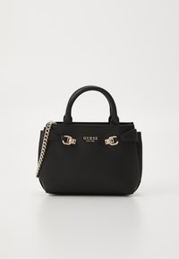 Black synthetic handbag with two short handles, a removable chain shoulder strap, gold hardware accents, and a logo on the front.