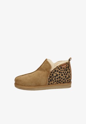 Brown suede slipper with a leopard print fabric panel, fuzzy interior lining, and a flat rubber sole, featuring a small logo tag on the side.