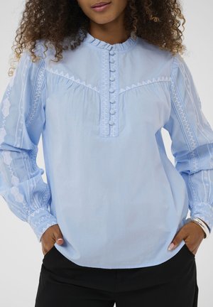 Blouse bleu clair à manches longues, broderie décorative, encolure à volants et fermeture boutonnée à l'avant. Tissu lisse avec accents texturés.