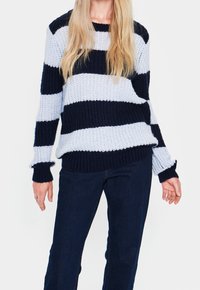 Navy and light blue striped knit sweater with a relaxed fit, ribbed collar and cuffs, featuring a textured pattern and long sleeves.