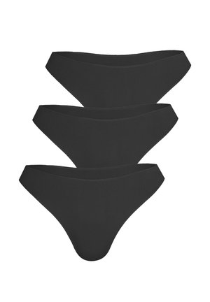 Drei nahtlose schwarze Damenunterhosen im Bikini-Schnitt, vertikal gestapelt, auf weißem Hintergrund.