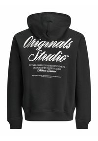 Schwarzer Kapuzenpullover mit weißem Text "Originals Studio" und kleineren Phrasen über Gründung und Design auf der Rückseite, mit Kapuze und gerippten Bündchen.