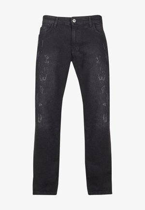 Juodi džinsai su tiesiu kirpimu, su beveik nematomais išblukusiais tekstų raštais priekyje. Įrengtas mygtuko uždarymas ir diržo kilpos.