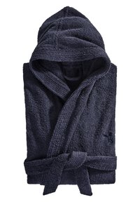 Marineblauer Bademantel aus weichem, strukturiertem Frottee. Mit Kapuze, umschlagfront und einem gebundenen Gürtel zum Schließen. Besticktes Logodetail.