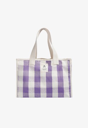 Borsa a tracolla in canvas con un motivo a scacchi viola e bianco, dotata di doppie maniglie in tessuto e una patch con logo sulla parte anteriore.