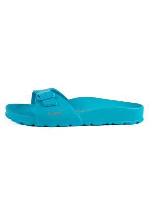 Sandale bleue à enfiler avec une boucle, fabriquée en plastique lisse. Dispose d'une semelle intérieure texturée et d'une semelle extérieure striée pour l'adhérence.