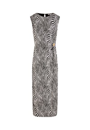 Robe midi sans manches avec imprimé zèbre noir et blanc et détail froncé avec un bouton doré à la taille.