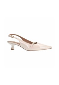 Pointed-toe slingback schoen in glanzend lichtroze patenten leer. Beschikt over een kleine kittenheel en een decoratieve gesp. 