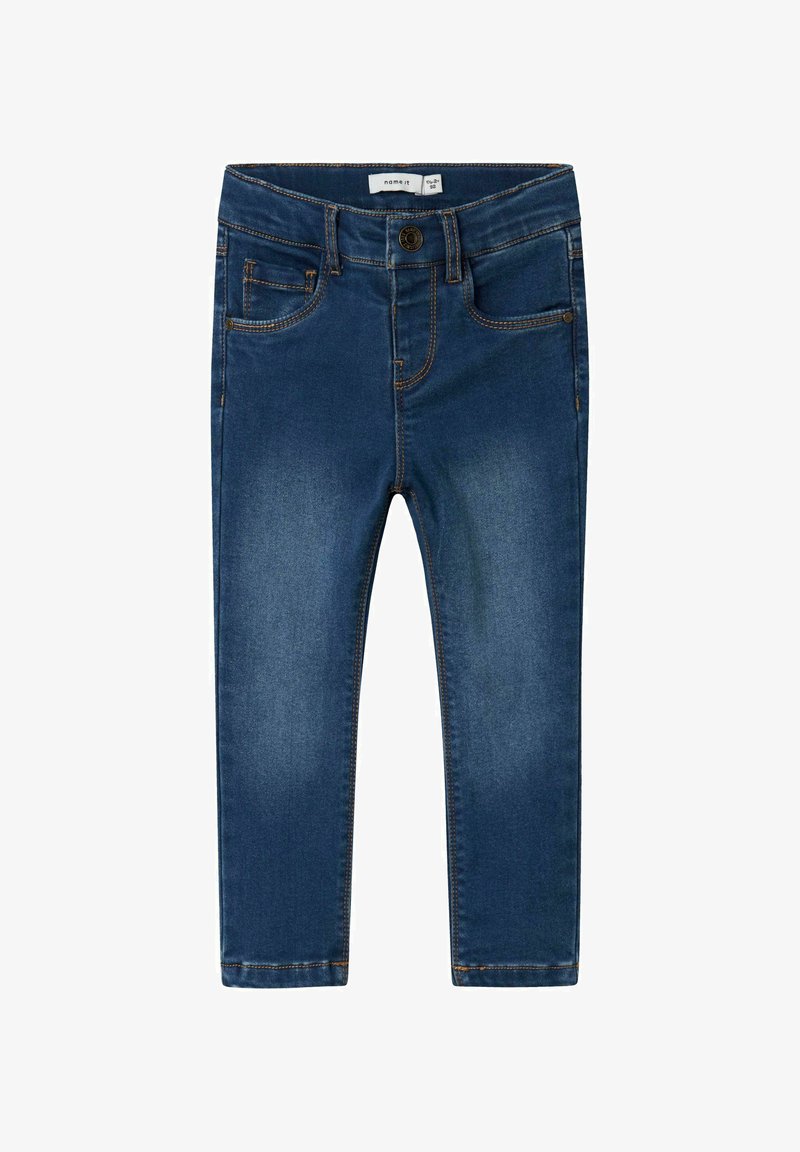 Temno modri jeans iz denima s ožjim krojem. Imajo oranžno šivanje, gumbno zapiranje in sprednje žepke. Gladka tekstura.