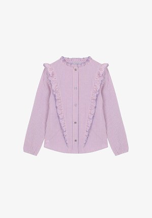 Chemise à rayures lilas et blanche avec des accents froncés le long de l'avant et du col. Elle dispose de manches longues et de petits boutons en argent.