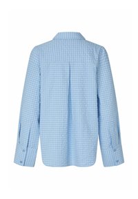 Hellblaues Langarmhemd mit kleinem Karomuster, Rückenfalte und knöpfbaren Manschetten.