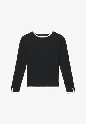 Top nero a maniche lunghe con scollatura tonda bianca, texture a coste e dettagli bianchi ai polsini, che offre un design elegante e aderente.