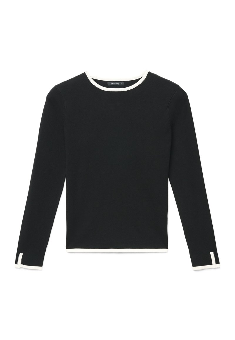 Schwarzes langärmliges Oberteil mit rundem weißem Ausschnitt, gerippter Struktur und weißen Akzenten an den Ärmelbündchen, das ein schlankes, anliegendes Design bietet.