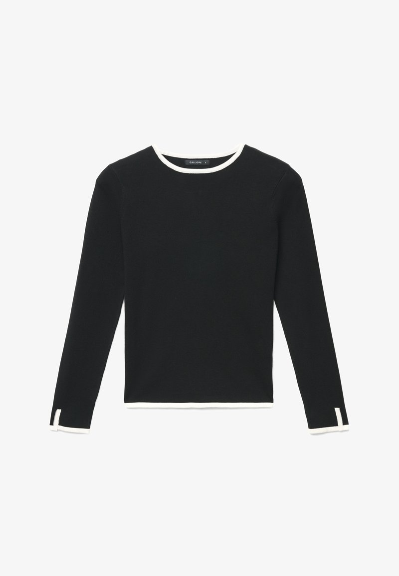 Schwarzes langärmliges Oberteil mit rundem weißem Ausschnitt, gerippter Struktur und weißen Akzenten an den Ärmelbündchen, das ein schlankes, anliegendes Design bietet.