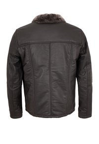 Schwarze Lederjacke mit einem Kunstfellkragen, ausgestattet mit einer glatten Textur, strukturierten Nähten und einem geraden Rückendesign.