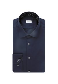 Marineblauwe dress shirt met een contrasterende, gestreepte binnenkraag en pochet. Voorzien van een klassieke kraag en een knoopsluiting.