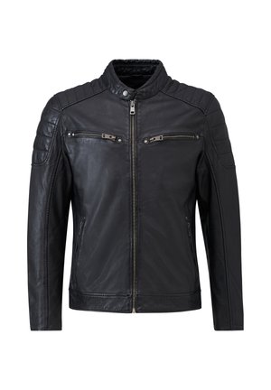 Schwarze Lederjacke mit hohem Kragen, gepolsterten Schultern, mit Reißverschlüssen versehenen Brusttaschen und taillierter Passform. Glatte Textur und elegantes Erscheinungsbild.
