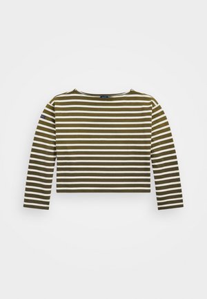 Olivenfarbener und weiß gestreifter Langarm-Top mit Rundhalsauschnitt und verkürztem Design. Weiches Material mit lässiger Passform und minimalen Details.