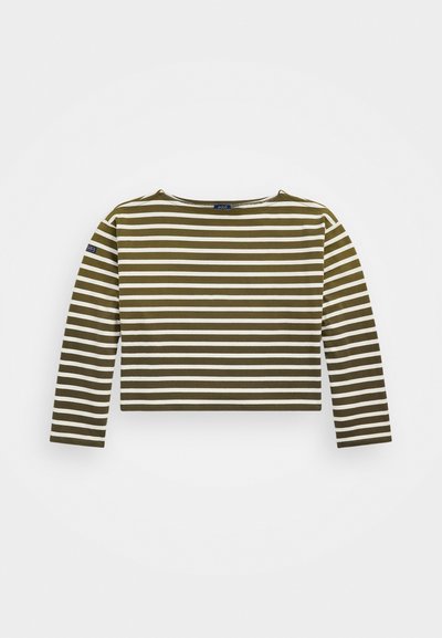 Olivinė žalia ir balta dryžuota ilgarankovė palaidinė su apvaliu iškirpimu ir trumpu dizainu. Minkšta medžiaga su laisvu kirpimu ir minimaliais detalėmis.