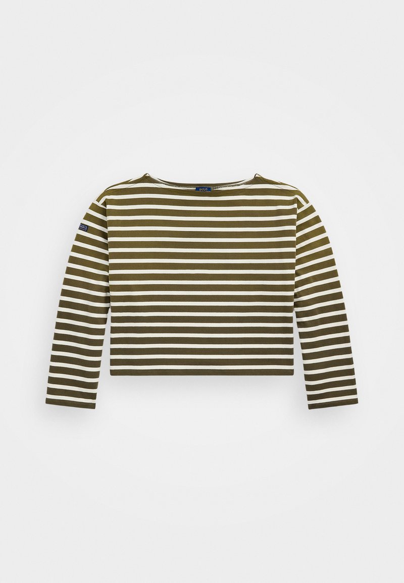 Olivenfarbener und weiß gestreifter Langarm-Top mit Rundhalsauschnitt und verkürztem Design. Weiches Material mit lässiger Passform und minimalen Details.