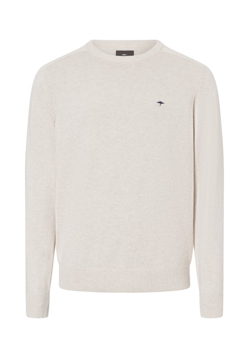 Lichtbeige gebreide sweater met een ronde halslijn, ribgebreide manchetten en zoom, met een klein marineblauw logo op de linkerborst.