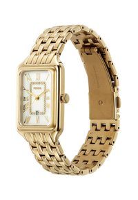 Montre rectangulaire dorée avec un cadran blanc, des chiffres romains et une fenêtre de date. Le bracelet à maillons possède un design tissé et un fermoir.