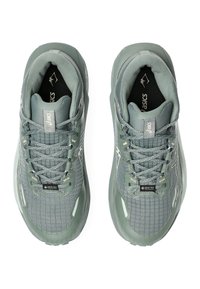Lightweight, gray hiking shoes with textured fabric uppers, reinforced toe caps, and reflective accents; features GORE-TEX technology for waterproofing.