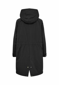 Schwarze Parka-Jacke mit Kapuze, tailliertem Schnitt, langen Ärmeln, Druckknopf-Manschetten und mittellangem Design. Glatte, matte Textur.