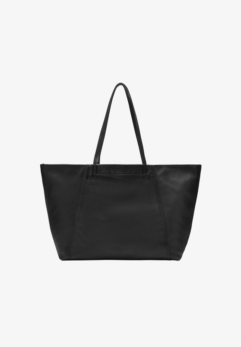 Sac fourre-tout en cuir noir avec deux longues poignées, un intérieur spacieux et une texture lisse. Présente des coutures minimalistes et aucun matériel visible.