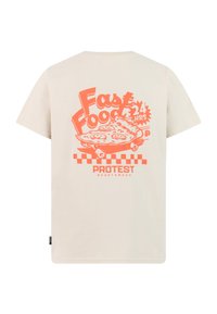 Krémslové bavlnené tričko s oranžovou grafikou pizze s nápisom "Fast Food 24 HRS" a kockovaným rámikom. Štandardné krátke rukávy a okrúhly výstrih.