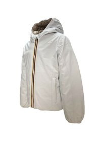 Giacca bianca con cappuccio, dotata di una fodera interna testurizzata, caratterizzata da una cerniera centrale con un accento colorato. Comprende tasche laterali e un logo.