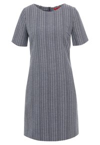 Šaty s krátkým rukávem v námo�řnické modři s bíhým geometrickým vzorem. Mají kulatý výstřih a skrytý zip na zadní straně pro zapínání.