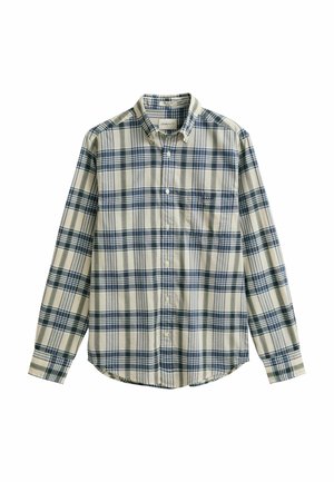 Overhemd met lange mouwen en knopen, met een ruitpatroon in blauw, beige en groen, voorzien van een borstzak en een kraag met knopen.