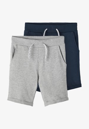 Gray and navy shorts with elastic waistband, drawstring, side pockets, and rolled hems; made from soft cotton blend fabric.