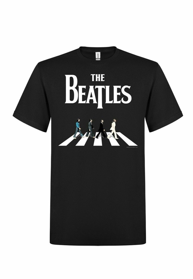 Černé bavlněné tričko s nápisem "The Beatles" a čtyřmi postavami kráčejícími na bílé zebře. Krátké rukávy, kulatý výstřih.