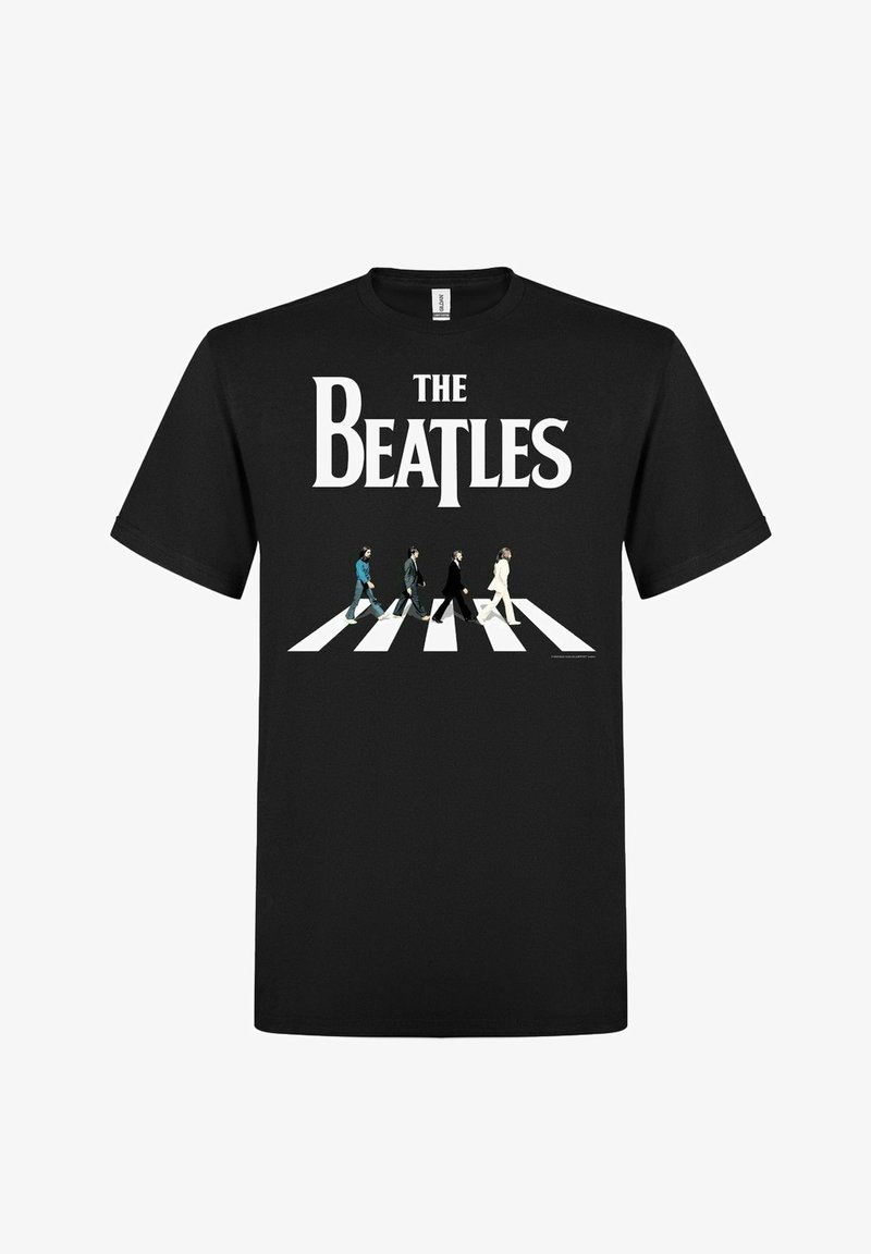 Černé bavlněné tričko s nápisem "The Beatles" a čtyřmi postavami kráčejícími na bílé zebře. Krátké rukávy, kulatý výstřih.