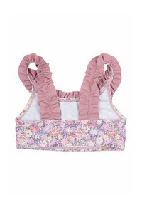Bralet w kwiatowy wzór w pastelowych kolorach, z falbaniastymi różowymi ramiączkami, lekkim materiałem i wygodną elastyczną taśmą.