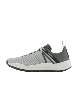Light gray athletic sneaker with mesh upper, black accents, white sole, pull tab on heel, and "Lowa" logo on side.