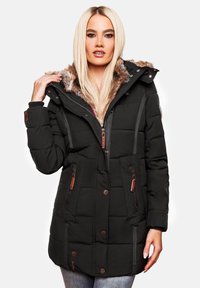Black puffer coat with faux fur hood, zippered pockets, gray accents, and stitched detailing. Features buttons and zip closure.