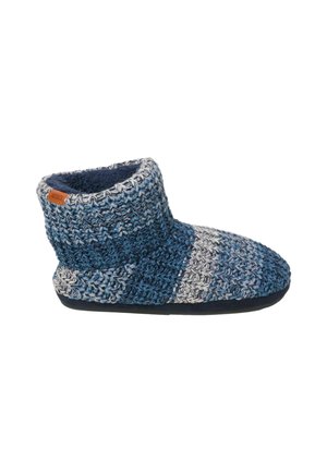 Knitted blue and gray patterned slipper with a cozy, soft interior, mid-height cuff, and a textured sole for grip.
