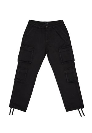Sorte cargobukser med elastisk talje, flere sidelommer og snøring nederst. Lavet af slidstærkt stof med mat finish.