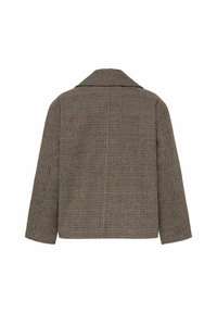 Veste marron et noire à motif pied-de-poule avec des lignes de grille rouges, large col et manches longues vue de dos sur fond blanc.
