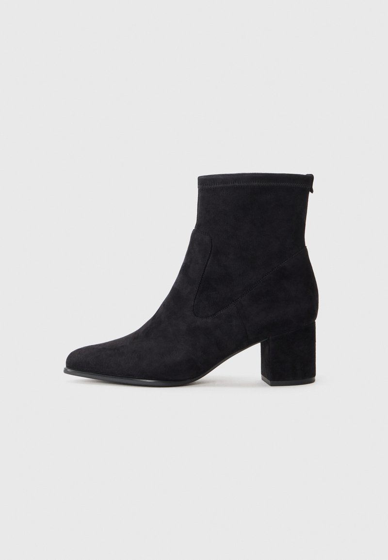 Black suede ankle boots with a pointed toe and block heel. Features elastic side panels and a smooth, textured surface.