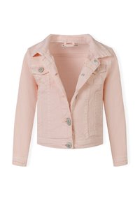 Giacca in denim rosa chiaro con maniche lunghe, collo, bottoni frontali e due tasche sul petto. Presenta una texture liscia e una vestibilità sartoriale.