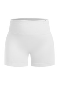 Witte sportshorts met een geribde hoge tailleband, een gladde textuur en een aangesloten ontwerp, geschikt voor actieve kleding of casual gebruik.