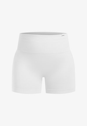 Hvide atletiske shorts med en rillet høj elastik, glat tekstur og tætsiddende design, velegnede til aktiv brug eller afslappet anvendelse.