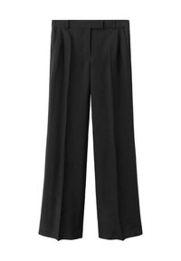 Zwarte wijde broek met een gladde stof, voorpleatsen en twee zijzakken. Minimalistisch ontwerp met een op maat gemaakt tailleband.