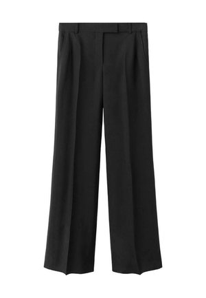 Pantalones de pierna ancha negros de tejido suave, con pliegues frontales y dos bolsillos laterales. Diseño minimalista con una cinturilla ajustada.