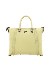 Borsa a mano in pelle gialla con doppi manici, caratterizzata da una superficie testurizzata, dettaglio di frange laterali e accenti in metallo nero.